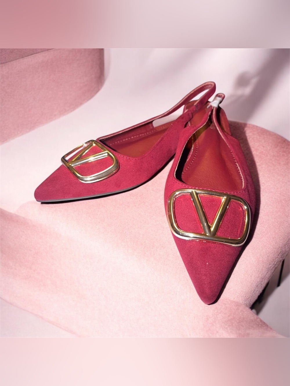 Berness Claudean Pointed Toe Slingback Flats in rich burgundy red suede finish
